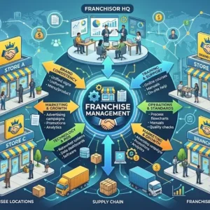 Educational banner showing Franchise Management with franchise networks, agreements, and business growth visuals