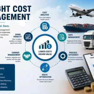 Educational banner for Freight Cost Management course with logistics and cost visuals