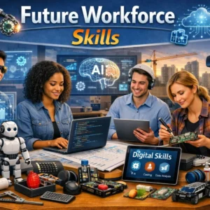 Future Workforce Skills course showing professionals using AI, robotics, and digital tools