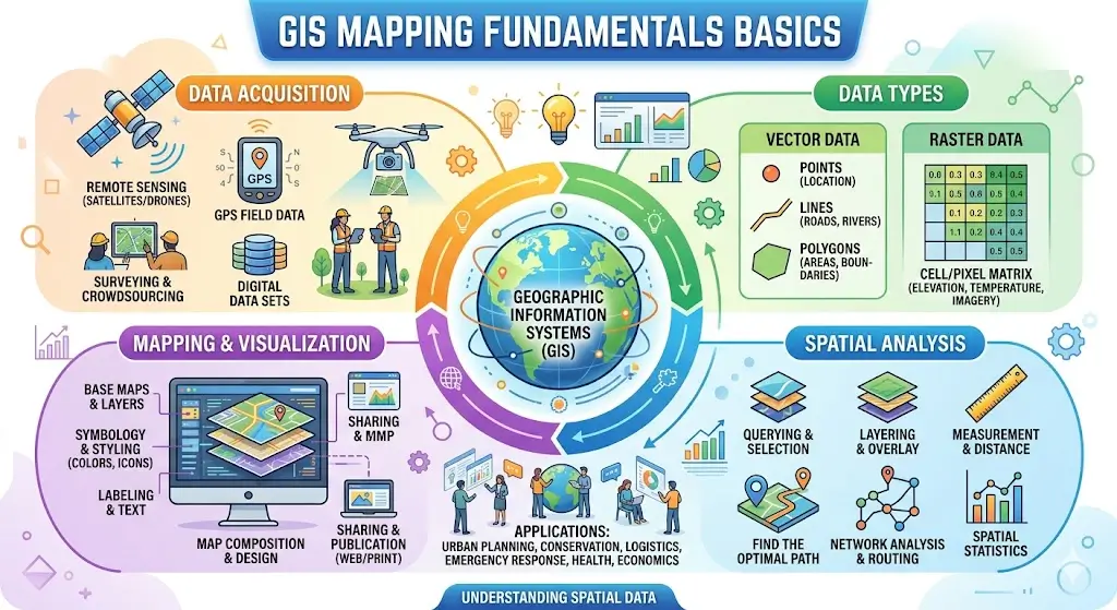 Professional GIS Mapping Fundamentals Basics course image with maps and spatial data visuals