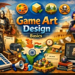 Educational banner for Game Art Design Basics course showing 3D characters and digital art tools
