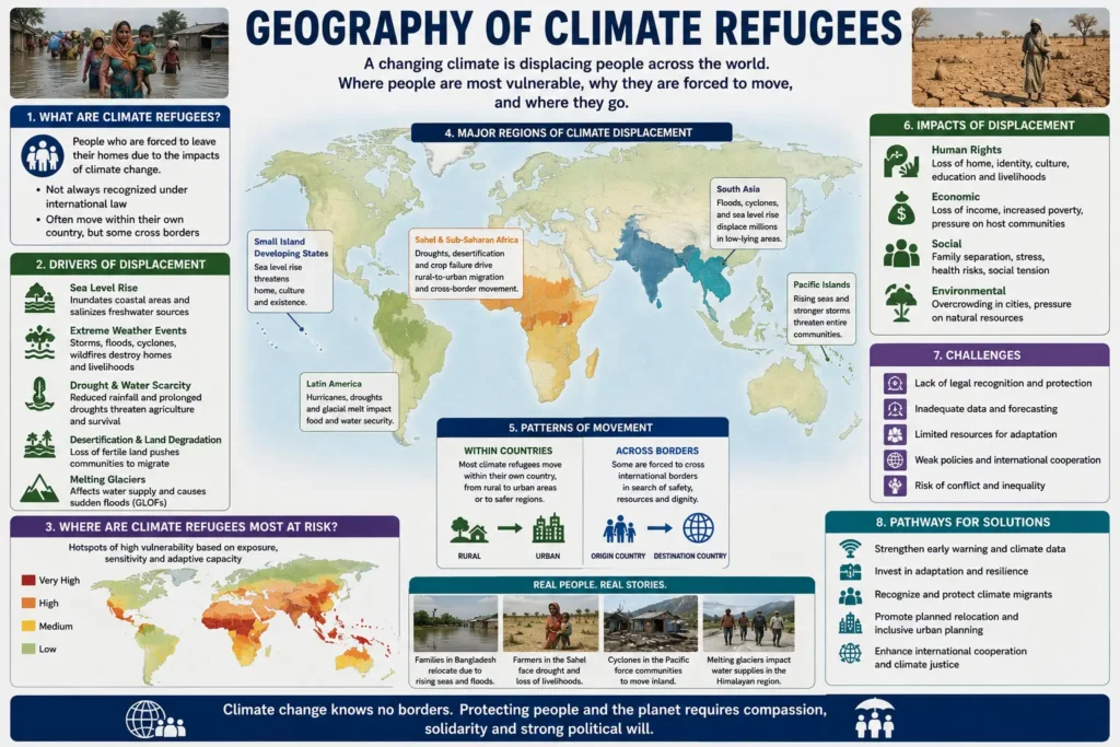 Map showing climate refugees and migration patterns caused by climate change and environmental displacement