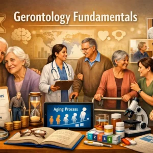 Professional Gerontology Fundamentals course image with aging and healthcare visuals