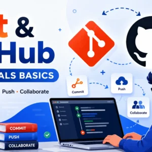 Educational banner for Git & GitHub Essentials Basics course with version control visuals