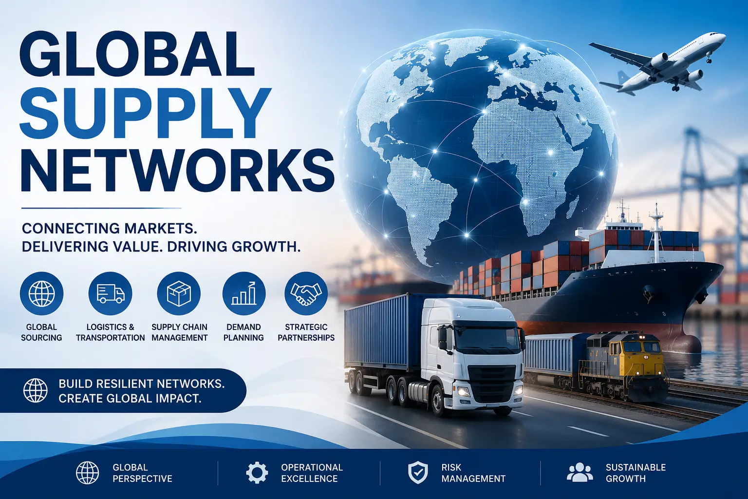Professional Global Supply Networks course image showing global logistics, supply chain operations, and international transportation networks.