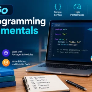 Educational banner for Go Programming Fundamentals Basics course with Go language coding visuals