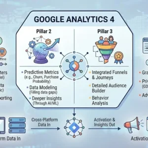 Professional Google Analytics 4 course banner with dashboards and digital tracking visuals