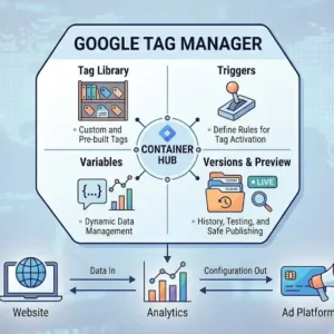 Professional Google Tag Manager course banner with tracking tools and analytics visuals