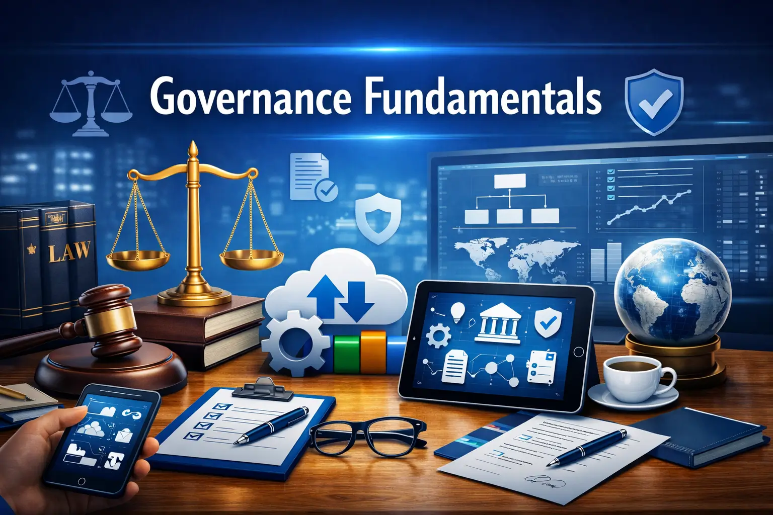 Professional Governance Fundamentals course image with law and compliance visuals