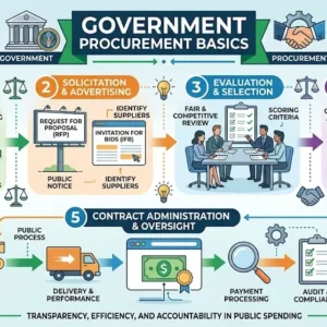 Professional Government Procurement Basics course image with contracts and bidding visuals