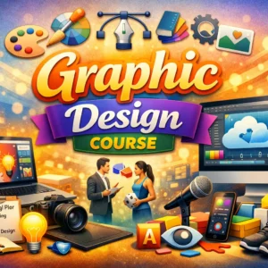 Educational banner for Graphic Design course with creative tools and design workspace visuals