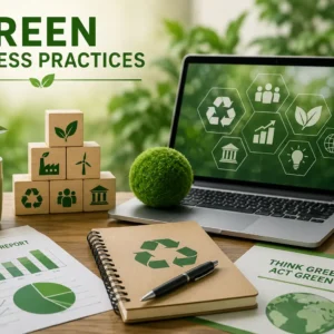 Educational banner for Green Business Practices course with sustainability and eco‑innovation visuals