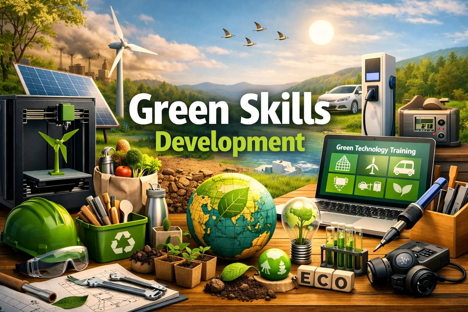 Educational course image for Green Skills Development with eco-technology and sustainability visuals