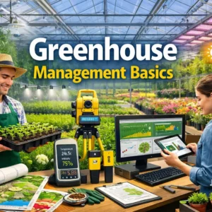 Greenhouse Management Basics course showing modern greenhouse technology and plant monitoring