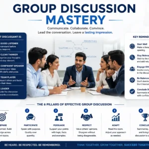 Professional Group Discussion Mastery course image with teamwork and communication visuals