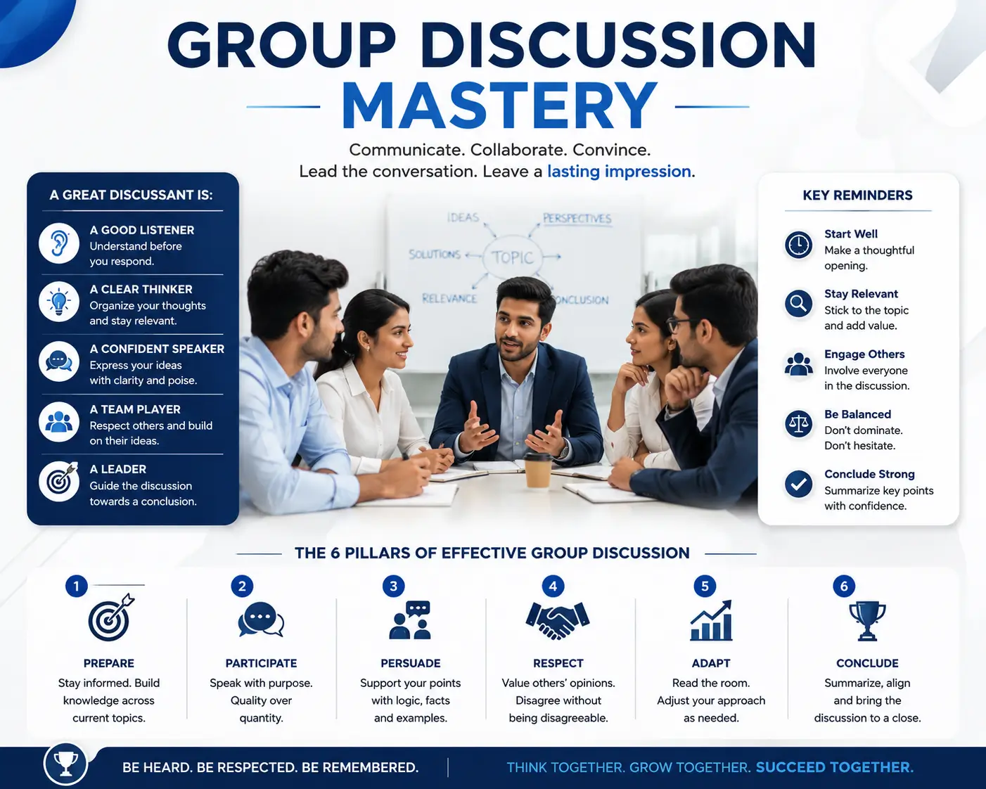 Professional Group Discussion Mastery course image with teamwork and communication visuals