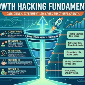 Professional Growth Hacking Fundamentals course banner with visuals of marketing experiments, analytics, and rapid growth strategies.