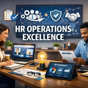 Educational banner showing HR Operations Excellence with professionals managing HR analytics and employee records
