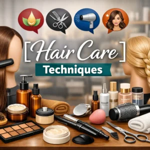Educational banner for Hair Care Techniques course with salon and styling visuals