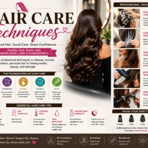 Educational banner for Hair Care Techniques course with salon and styling visuals