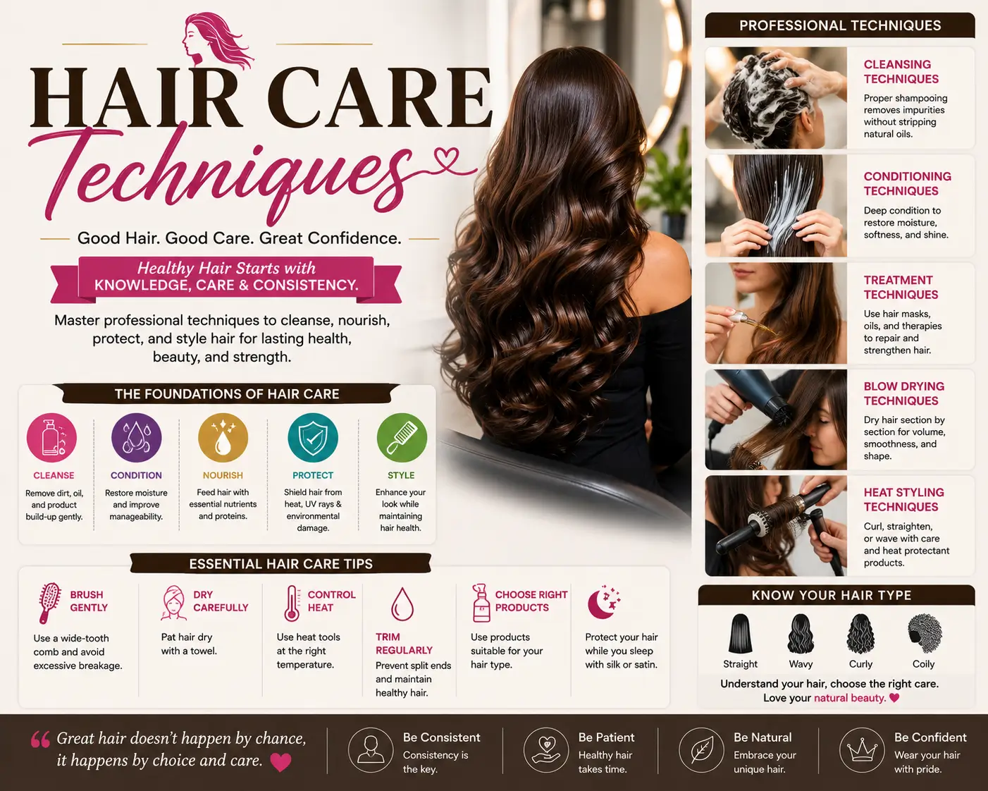 Educational banner for Hair Care Techniques course with salon and styling visuals