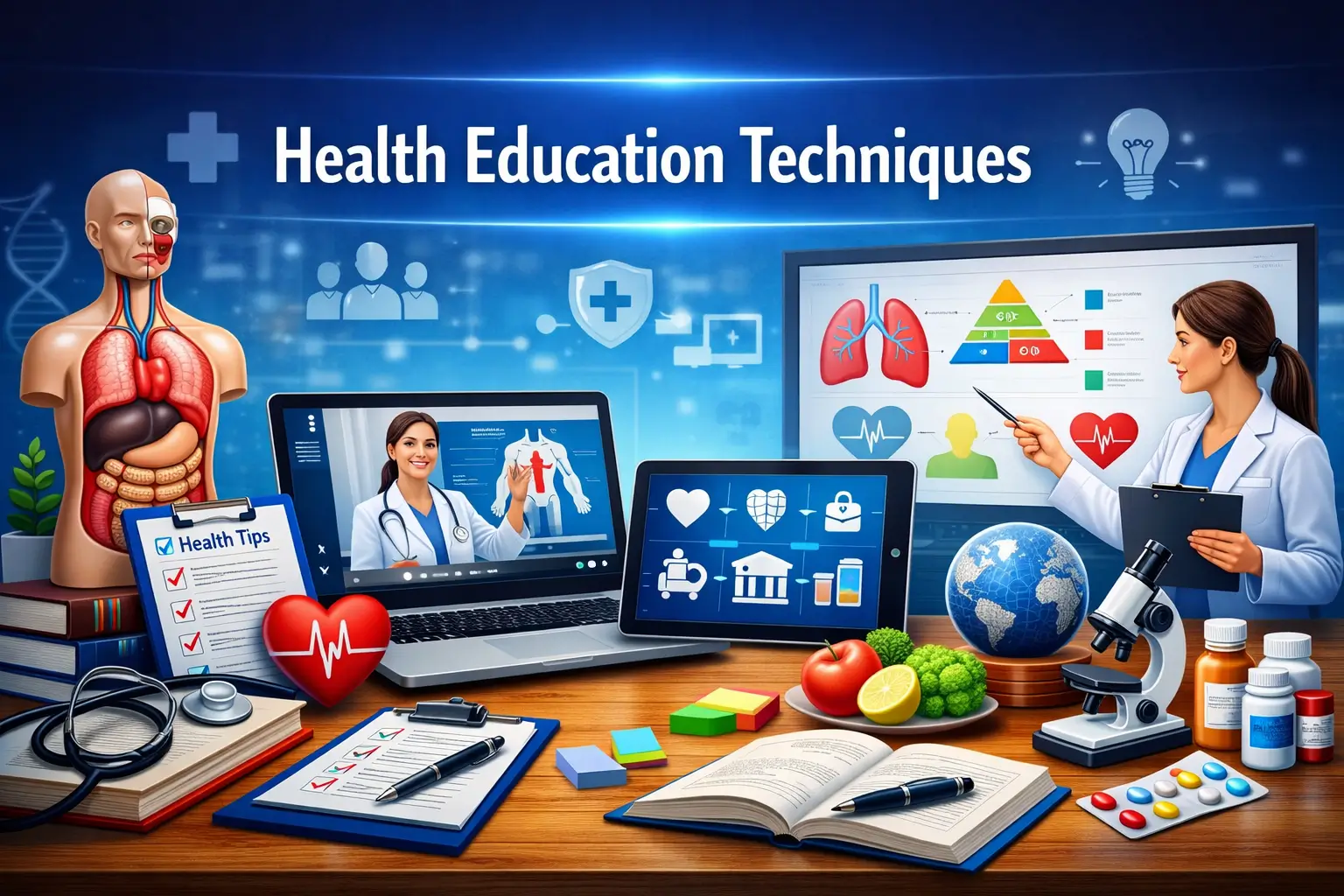 Professional Health Education Techniques course image with medical and teaching visuals