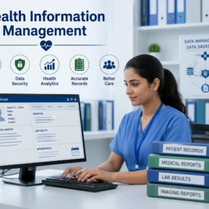 Educational banner showing health information management with electronic records, secure databases, and healthcare professionals