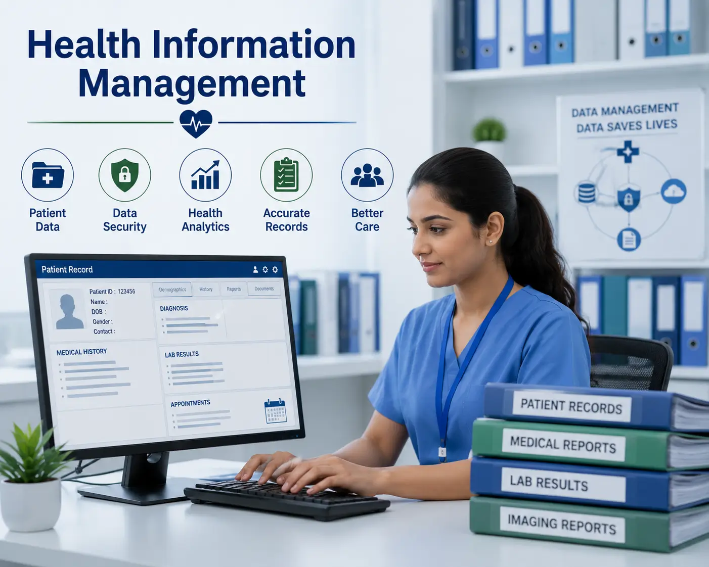 Educational banner showing health information management with electronic records, secure databases, and healthcare professionals