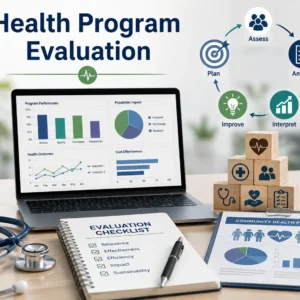 Educational banner showing health program evaluation with charts, healthcare professionals, and impact assessment visuals