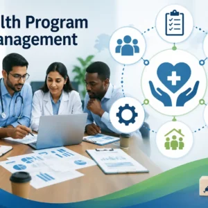 Educational banner showing health program management with healthcare professionals, project plans, and monitoring dashboards