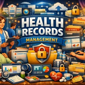 Professional Health Records Management course image with digital healthcare documentation and data security visuals