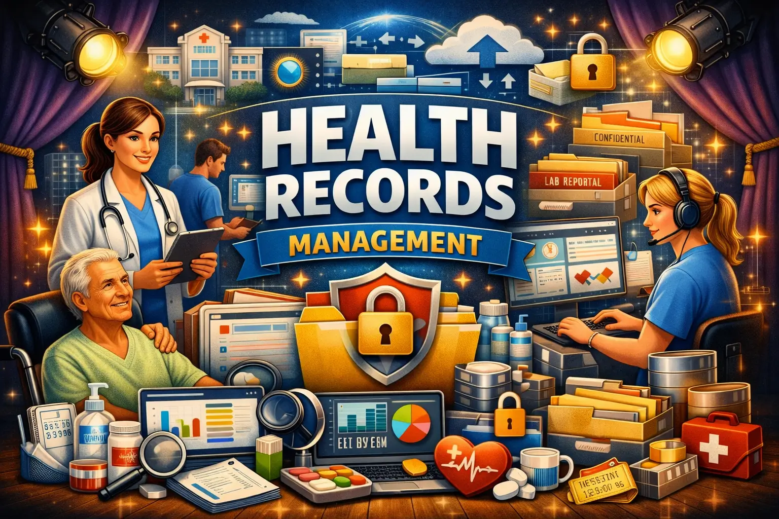 Professional Health Records Management course image with digital healthcare documentation and data security visuals