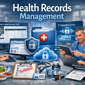Educational banner showing Health Records Management with EHR systems and healthcare professionals managing patient data