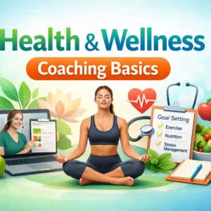 Educational banner for Health & Wellness Coaching Basics course with fitness and nutrition visuals