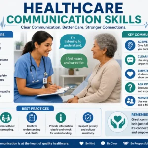 Professional Healthcare Communication Skills course image with doctors, patients, and communication visuals