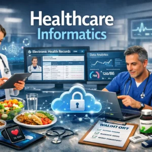 Educational banner showing Healthcare Informatics with medical data dashboards and healthcare professionals using technology
