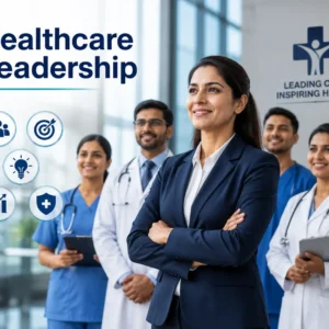 Educational banner showing healthcare leadership with doctors, managers, and hospital staff collaborating on strategy and innovation
