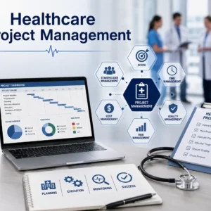 Educational banner showing healthcare project management with doctors, managers, and hospital workflow charts