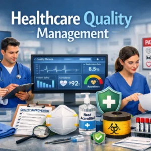 Educational banner showing Healthcare Quality Management with doctors reviewing data and hospital dashboards