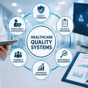 Educational banner showing healthcare quality systems with dashboards, compliance charts, and medical professionals reviewing performance metrics