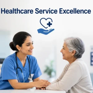 Healthcare Service Excellence course banner showing medical professionals delivering compassionate, high-quality patient care.