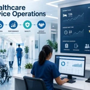 Educational banner showing healthcare service operations with hospital staff, workflow charts, and patient care visuals