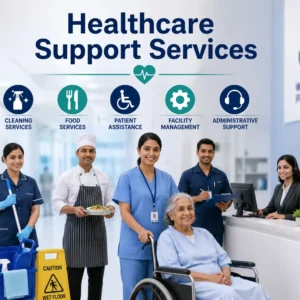 Educational banner showing healthcare support services with nurses, staff, and hospital facility management visuals