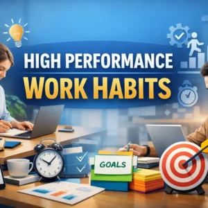 Educational banner for High Performance Work Habits course with productivity visuals