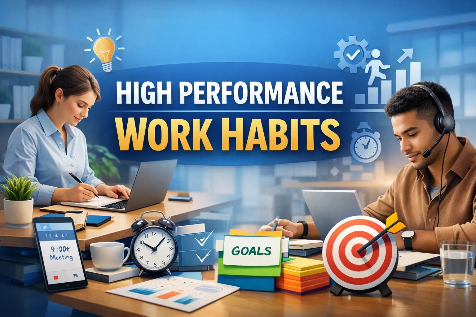 Educational banner for High Performance Work Habits course with productivity visuals