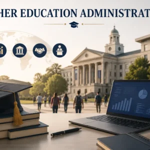 Educational banner showing higher education administration with university leaders, policy documents, and campus visuals