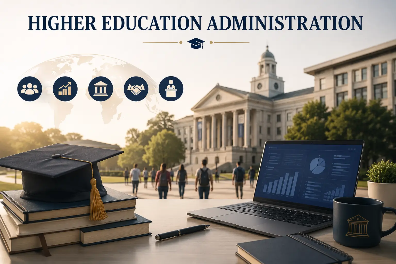 Educational banner showing higher education administration with university leaders, policy documents, and campus visuals