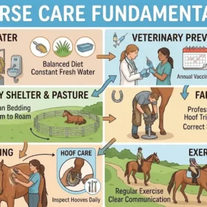 Horse Care Fundamentals course banner showing caretakers grooming and feeding horses in a stable environment