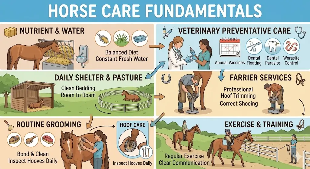 Horse Care Fundamentals course banner showing caretakers grooming and feeding horses in a stable environment