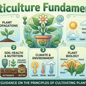 Educational banner for Horticulture Fundamentals course with plants and gardening visuals